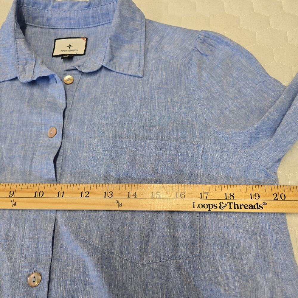 Tuckernuck Callahan Shirt Dress S Blue Cotton Ruffle Hem Pockets Coastal Resort - Picture 10 of 11